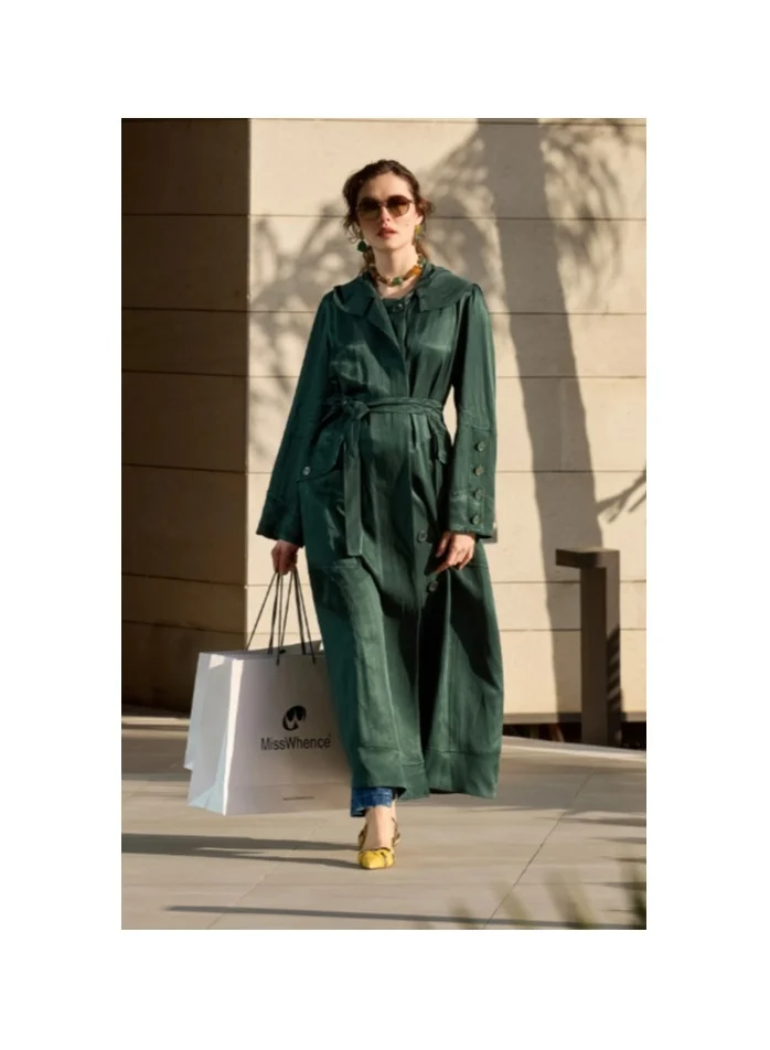 Hooded Belted Maxi Coat with Pocket Detail - Green