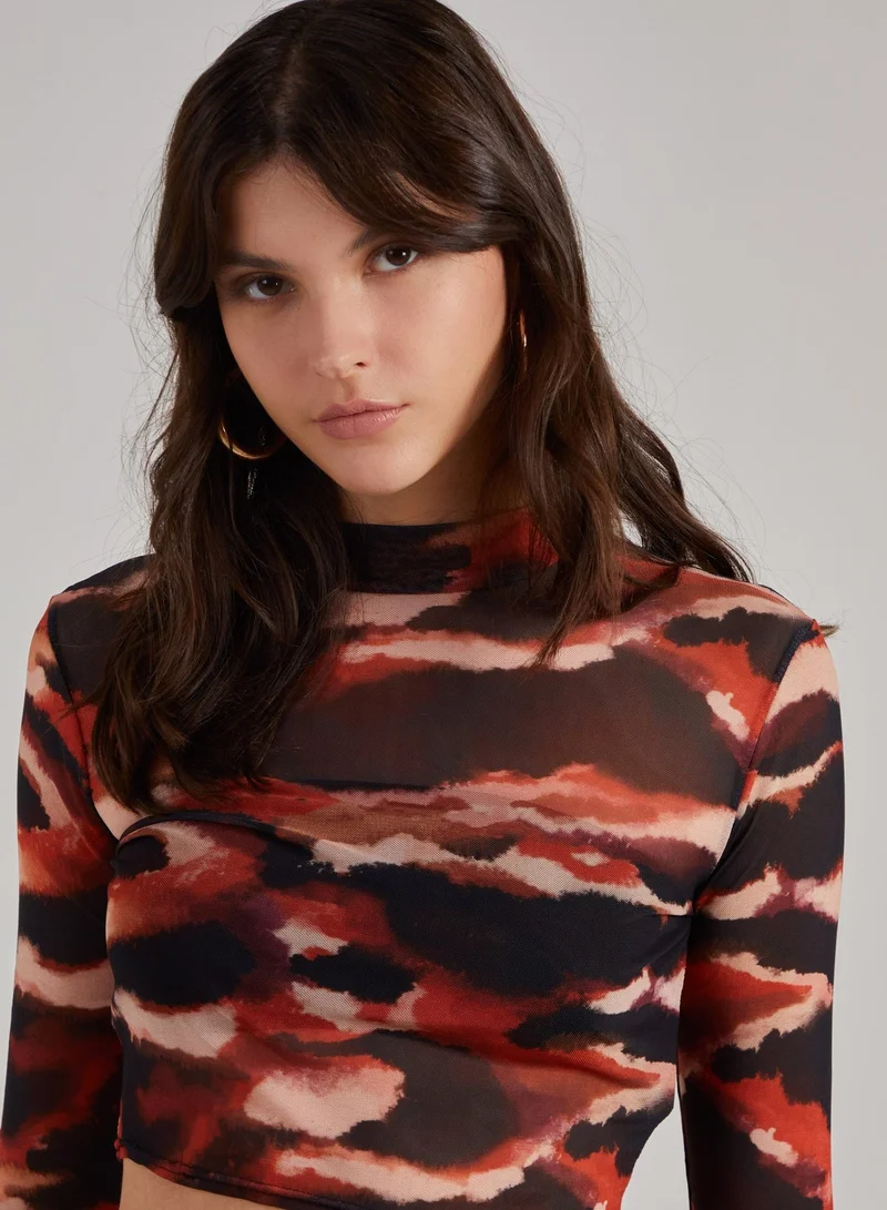بينك فانيلا Smudge Print Mesh Long Sleeve Top