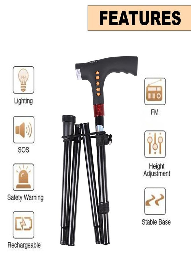 SMIC Smart Walking Stick with LED Lights, Foldable Cane with Automatic Alarm System FM Radio Adjustable Rechargeable Walking Stick for Seniors Men Women (Black) - Image 4