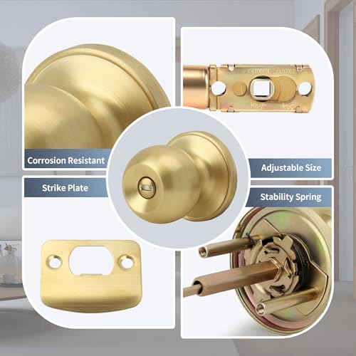 Moquin Round Ball Style Privacy Brushed Gold Door Knob, No Key Interior Door Knob, Turn Thumb Locking Doorknob for Bedroom Bathroom, Satin Brass Finish - Image 2