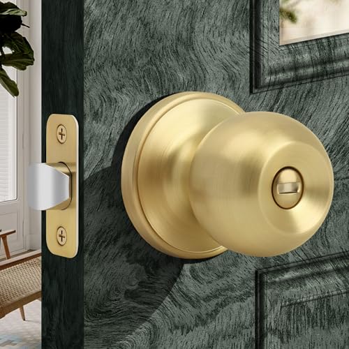 Moquin Round Ball Style Privacy Brushed Gold Door Knob, No Key Interior Door Knob, Turn Thumb Locking Doorknob for Bedroom Bathroom, Satin Brass Finish - Image 1
