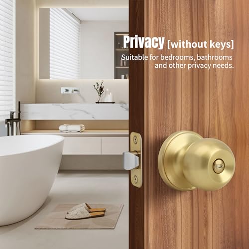Moquin Round Ball Style Privacy Brushed Gold Door Knob, No Key Interior Door Knob, Turn Thumb Locking Doorknob for Bedroom Bathroom, Satin Brass Finish - Image 3