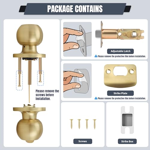 Moquin Round Ball Style Privacy Brushed Gold Door Knob, No Key Interior Door Knob, Turn Thumb Locking Doorknob for Bedroom Bathroom, Satin Brass Finish - Image 5