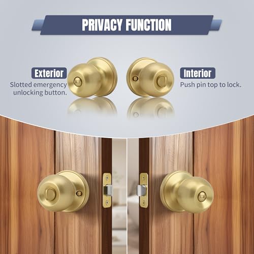 Moquin Round Ball Style Privacy Brushed Gold Door Knob, No Key Interior Door Knob, Turn Thumb Locking Doorknob for Bedroom Bathroom, Satin Brass Finish - Image 4