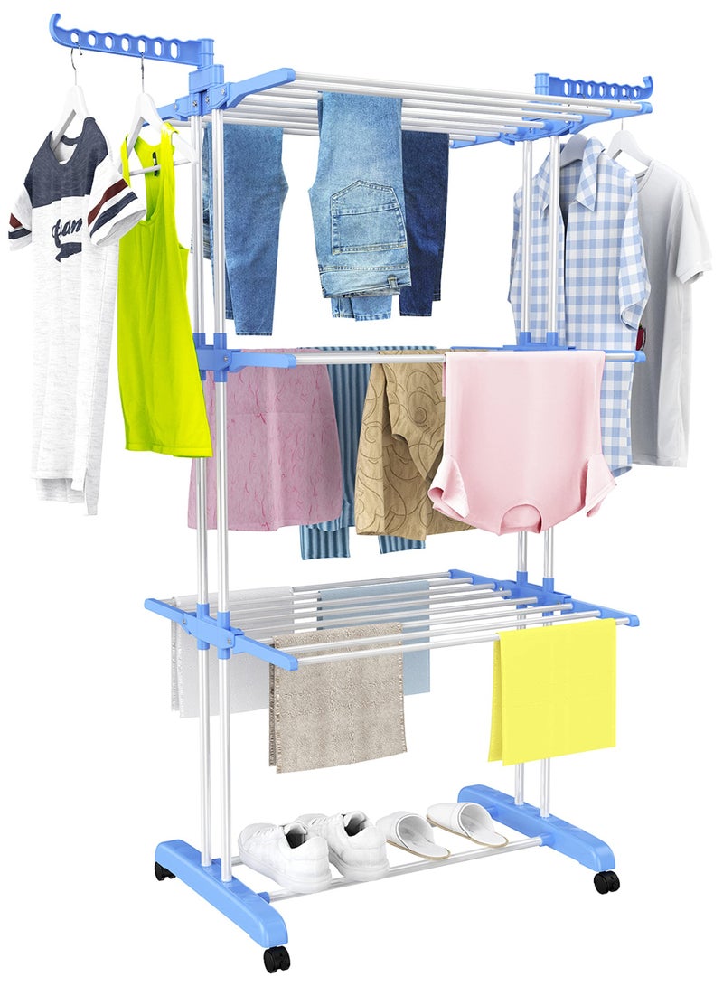 ZAICA 4-Tier Folding Cloth Drying Rack, Folding Clothes Rail Of Clothes Hanger, Adjustable Stainless Steel Rail With Two Side Foldable Wings For Indoor And Outdoor Use, Blue - Image 1