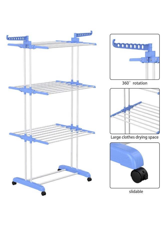 ZAICA 4-Tier Folding Cloth Drying Rack, Folding Clothes Rail Of Clothes Hanger, Adjustable Stainless Steel Rail With Two Side Foldable Wings For Indoor And Outdoor Use, Blue - Image 3