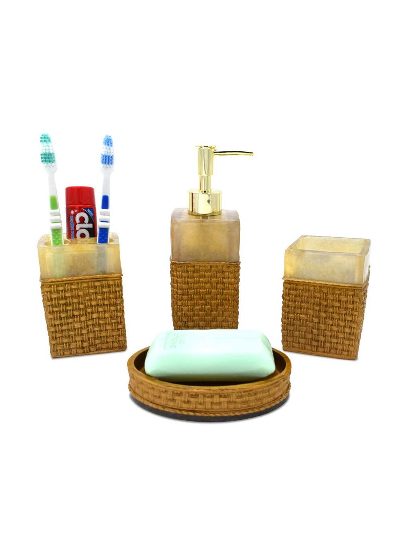 Sterling - Sterling soap Dispenser Set for Bathroom - Liquid Soap Dispenser, Toothbrush Holder, Tumbler & Soap Dish Holder SMS-478 Natural Stone Finish Golden Print Polyresign 4 Pieces - Image 1