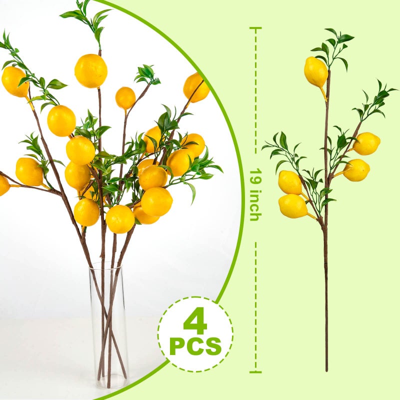 TORINALITAL 4Pcs Artificial Lemons Branch, 19 Inch Vivid Yellow Fake Lemons Branch with Green Leaf and Adjustable Branch, Lemon Decor for Home Kitchen, Graden, Office Desk, Party Summer Decorations - Image 4