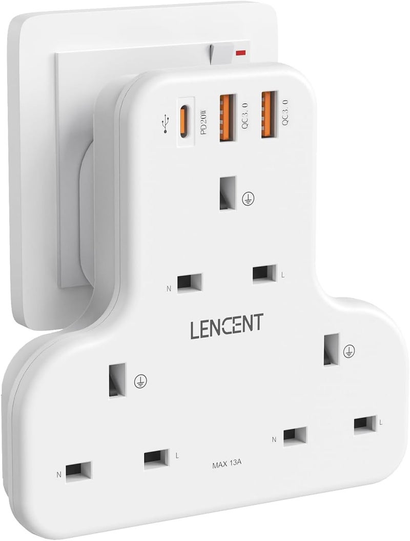 Lencent Multi Plug Extension, 3 Way 3 Plugs Socket adapter, 6-in-1 Cube Electrical Extender Outlet Adaptor, PD&QC 3.0 20W USB Wall Charger, Plug Expander for Home, Office, Kitchen, 13A 3250W - Image 1
