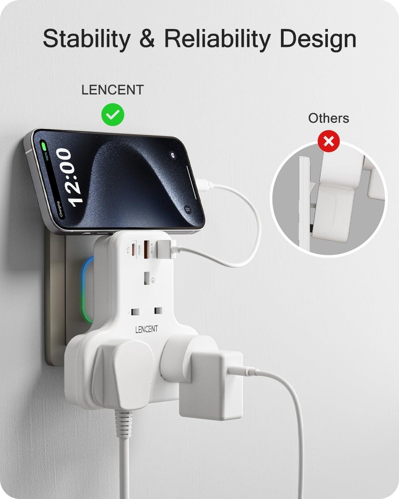 Lencent Multi Plug Extension, 3 Way 3 Plugs Socket adapter, 6-in-1 Cube Electrical Extender Outlet Adaptor, PD&QC 3.0 20W USB Wall Charger, Plug Expander for Home, Office, Kitchen, 13A 3250W - Image 4