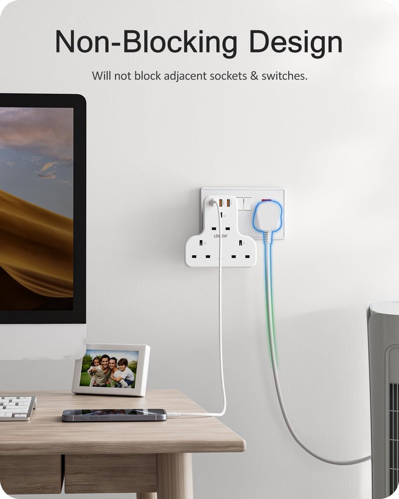 Lencent Multi Plug Extension, 3 Way 3 Plugs Socket adapter, 6-in-1 Cube Electrical Extender Outlet Adaptor, PD&QC 3.0 20W USB Wall Charger, Plug Expander for Home, Office, Kitchen, 13A 3250W - Image 5