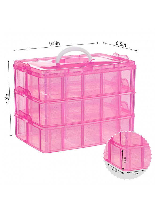 SGHUO 3-Tier Pink Craft Storage Container, Stackable Organizer Box with Dividers for Art Supplies, Beads, Washi Tapes, Seed, Hair Accessories, Nail, 9.5X6.5X7.2in - Image 1