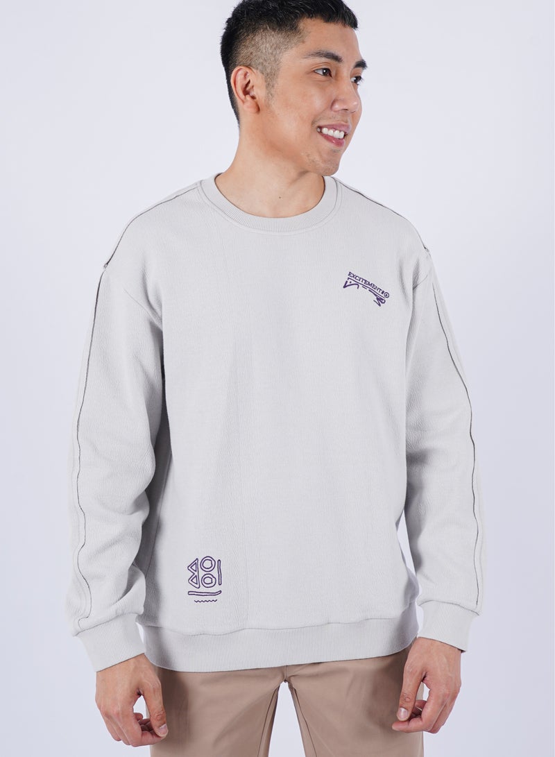 JACK & JONES Men’s Embroidered Long Sleeves Border Design T-Shirt in Stone White  - Image 1