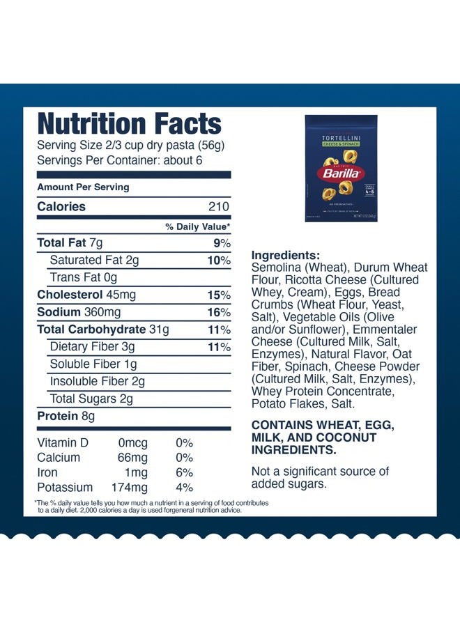 BARILLA Cheese & Spinach Tortellini Pasta, 12 oz. Bag - 6 Servings Per Bag - Pantry Friendly Dried Tortellini - Made with Non-GMO Ingredients - Image 5