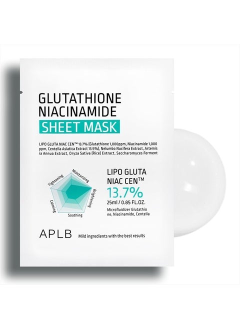 Glutathione Niacinamide Sheet Mask | LIPO GLUTA NIAC CEN™ 13.7% 0.85 FL.OZ/Korean Skincare, Deep hydration & Soothing, Sensitive Skin, Improve skin elasticity
