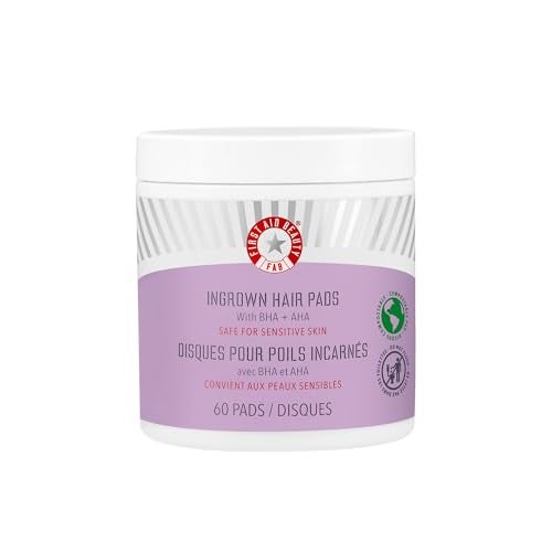 وسادات علاج الشعر الناشئ من فيرست أيد بيوتي مع BHA و AHA  وسادات علاج ما بعد الحلاقة للمساعدة في منع نتوءات الحلاقة للرجال والنساء  تقشير الإبطين ومنطقة البيكيني  قابلة للتحلل للاستخدام اليومي  60 وسادة