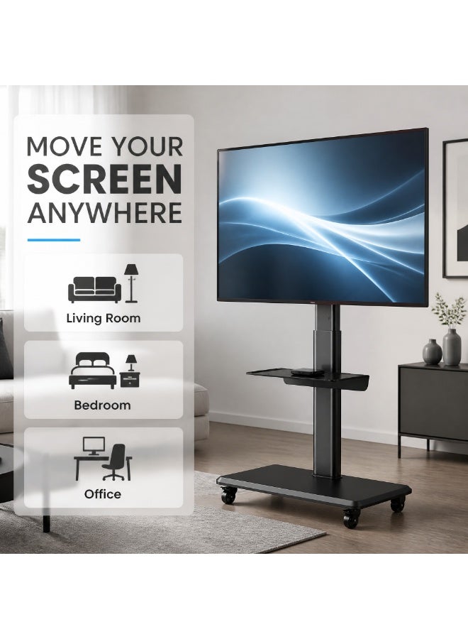 Gogoya Rolling TV Cart with Shelf, Height Adjustable Mobile TV Stand with Wheels, Tilt & Swivel TV Mount for 32-75 Inch TVs, Up to 110 lbs, Max VESA 600x400mm,Black - Image 2