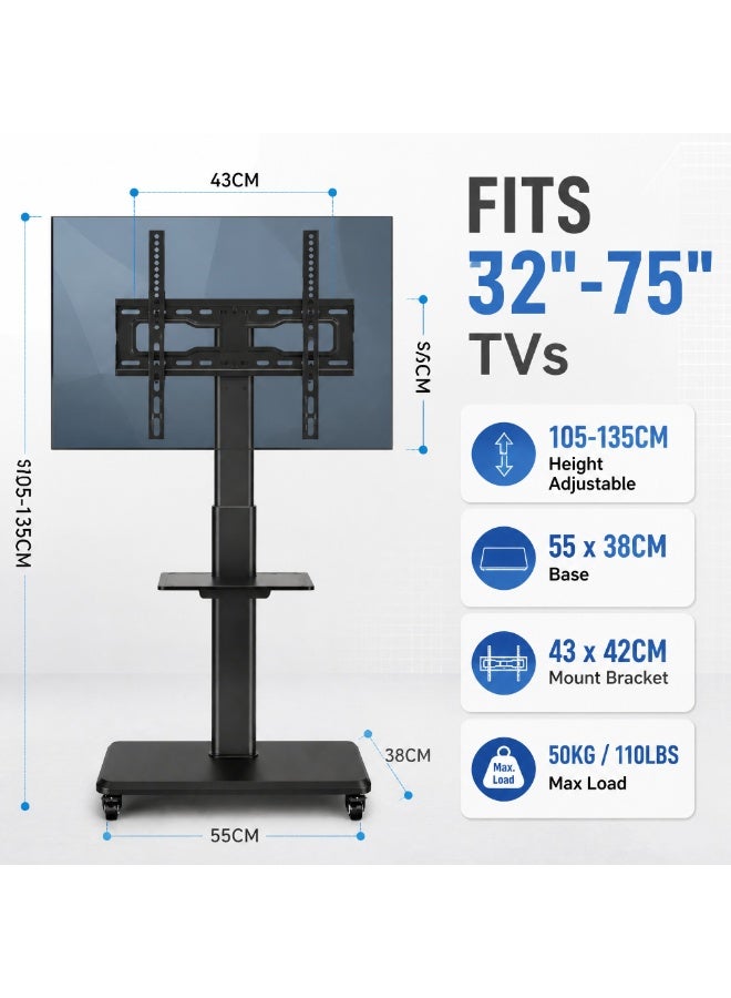 Gogoya Rolling TV Cart with Shelf, Height Adjustable Mobile TV Stand with Wheels, Tilt & Swivel TV Mount for 32-75 Inch TVs, Up to 110 lbs, Max VESA 600x400mm,Black - Image 3