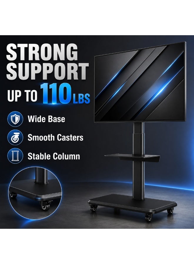Gogoya Rolling TV Cart with Shelf, Height Adjustable Mobile TV Stand with Wheels, Tilt & Swivel TV Mount for 32-75 Inch TVs, Up to 110 lbs, Max VESA 600x400mm,Black - Image 5
