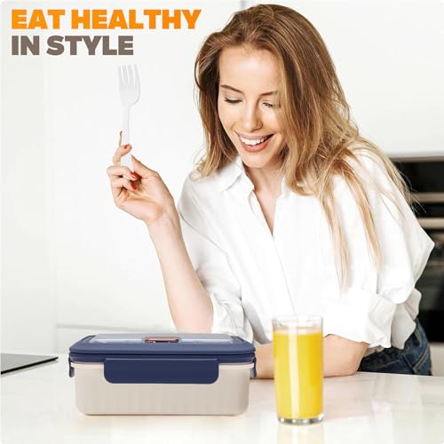AYauGamA Bento Box Adult Lunch Box, 1100 ML Bento Lunch Box for Kids Children with Spoon & Fork, 3-Compartments Food Container, Microwave & Dishwasher Safe, BPA-Free and Food-Safe Materials(Blue) - Image 2