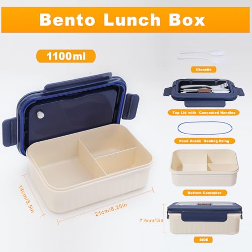 AYauGamA Bento Box Adult Lunch Box, 1100 ML Bento Lunch Box for Kids Children with Spoon & Fork, 3-Compartments Food Container, Microwave & Dishwasher Safe, BPA-Free and Food-Safe Materials(Blue) - Image 3