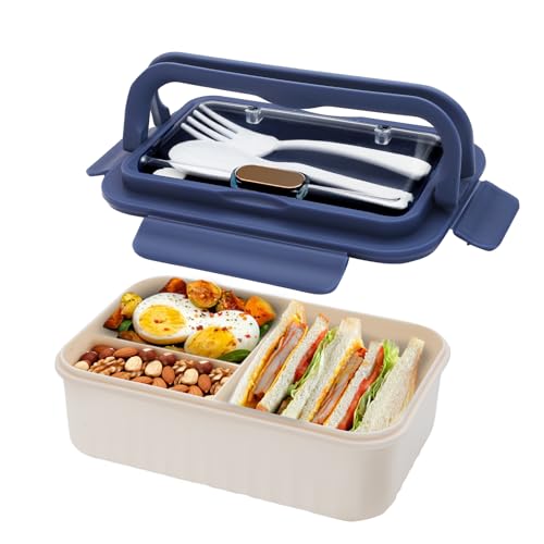 AYauGamA Bento Box Adult Lunch Box, 1100 ML Bento Lunch Box for Kids Children with Spoon & Fork, 3-Compartments Food Container, Microwave & Dishwasher Safe, BPA-Free and Food-Safe Materials(Blue) - Image 1