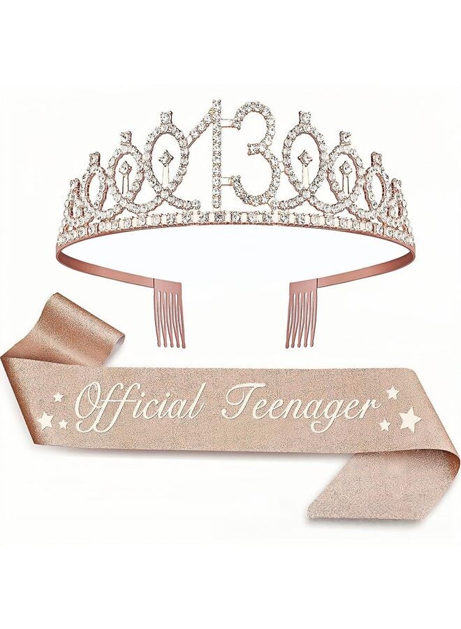 13th Birthday Party Supplies Crown, Sash, Pearl Pin Set - Decorations for Little Girls' Special Day - Image 1