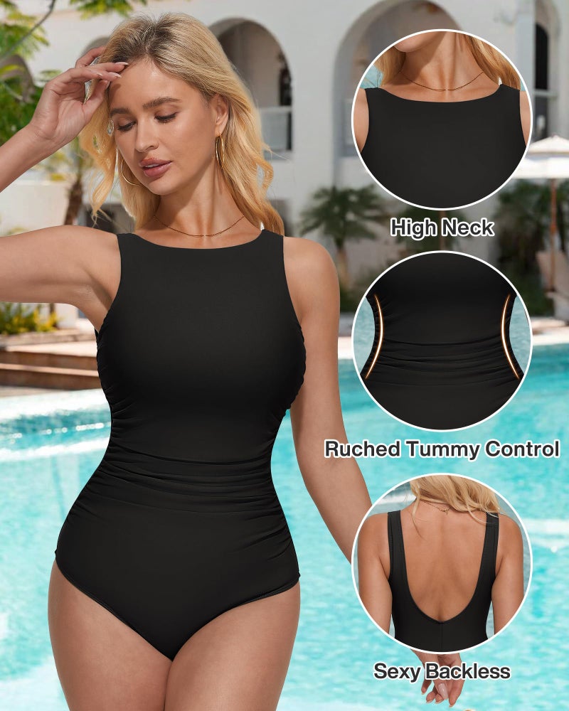 SUUKSESS Women Sexy One Piece Tummy Control Swimsuit Ruched High Neck Slimming Swimwear 2025 Low Back Bathing Suit(Black,Small) - Image 2
