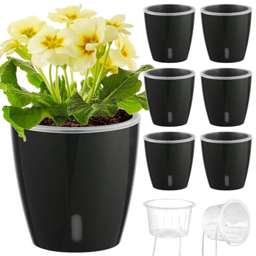 KvyusFlourish Self Watering Pots for Indoor Plants, 6-Pack 5'' Self Watering Planter with Drainage Holes, Small African Violet Pots with Water Indicator, Clear Wick Orchid Pot, Black - Image 1