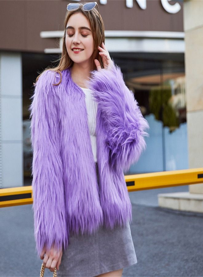Loquat Women's Solid Color Wash Imitation Fur Short Coat Purple  - Image 1