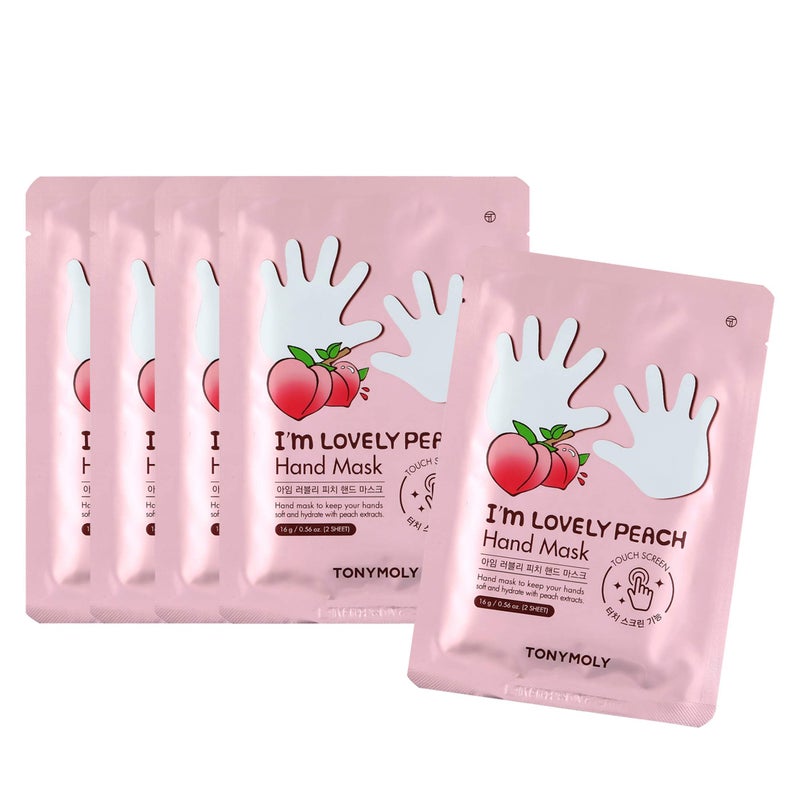 TONYMOLY Iâ€™m Lovely Peach Hand Mask â€“ Hydrating & Moisturizing Korean Hand Treatment Gloves with Peach, Plum & Honeysuckle Extracts â€“ Phone Screen Friendly, 5pk - Image 1