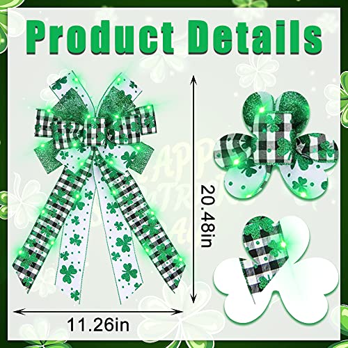 ALIBBON Large LED St. Patrick's Day Bows for Wreaths, St Patrick's Wreath Bows, Glitter Green Shamrock Bows for Crafts, Irish St. Patrick's Day Decor, Buffalo Plaid Bows for Parades Party Supplies - Image 2