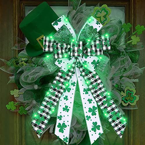 ALIBBON Large LED St. Patrick's Day Bows for Wreaths, St Patrick's Wreath Bows, Glitter Green Shamrock Bows for Crafts, Irish St. Patrick's Day Decor, Buffalo Plaid Bows for Parades Party Supplies - Image 1