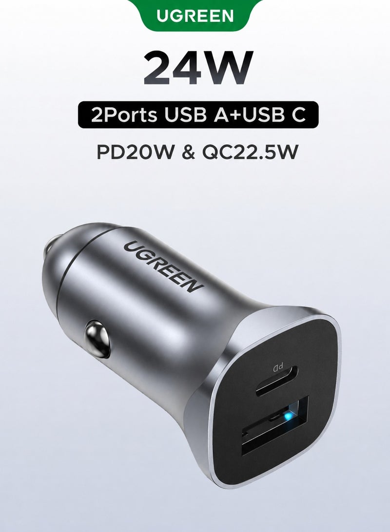 Ugreen 24W car charger type c, 2-Device Fast Charging car charger with USB-C（PD 20W） + USB-A（22.5W）,  Aluminum Alloy car charging adapter,  1A1C Compact Durable Reliable car charger adapter for iPhone 17/16/15/14/13/12/11 Series, Samsung Galaxy S26/S25/S24/S23/S22/S21, Galaxy Z Fold/Z Flip, Huawei Mate, Xiaomi 14/15, OPPO Reno, vivo iQOO, Google Pixel 8/9, iPad, Galaxy Tab and More 24W - Image 1
