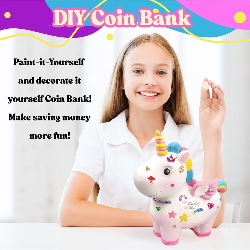 Home Smart Money Box DIY Crafting Paint Kit for Girls and Boys 12Pcs Set Includes Stickers Colors and Brushes Gift for girls and boys ages 3 4 5 6 7 8 9 10(Unicorn Money Box) - Image 4