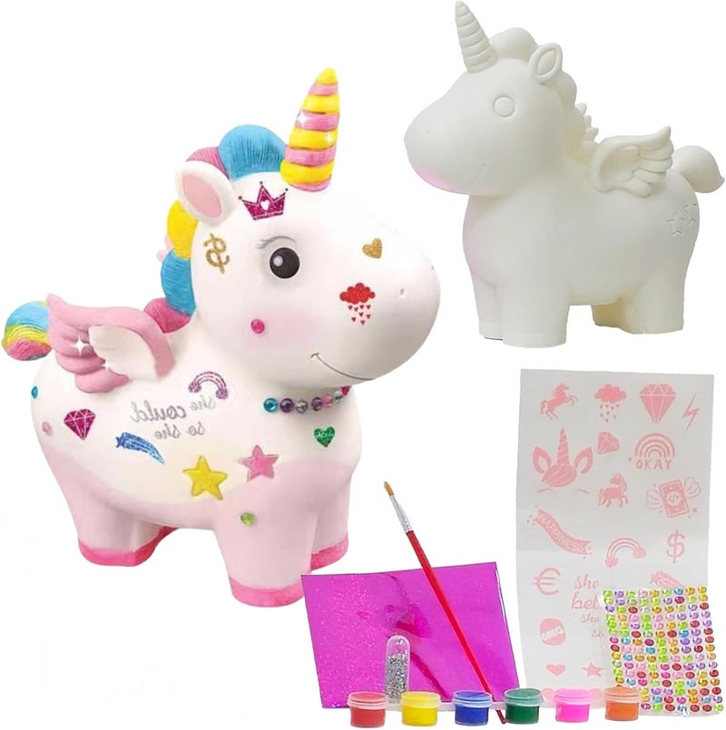 Home Smart Money Box DIY Crafting Paint Kit for Girls and Boys 12Pcs Set Includes Stickers Colors and Brushes Gift for girls and boys ages 3 4 5 6 7 8 9 10(Unicorn Money Box) - Image 1