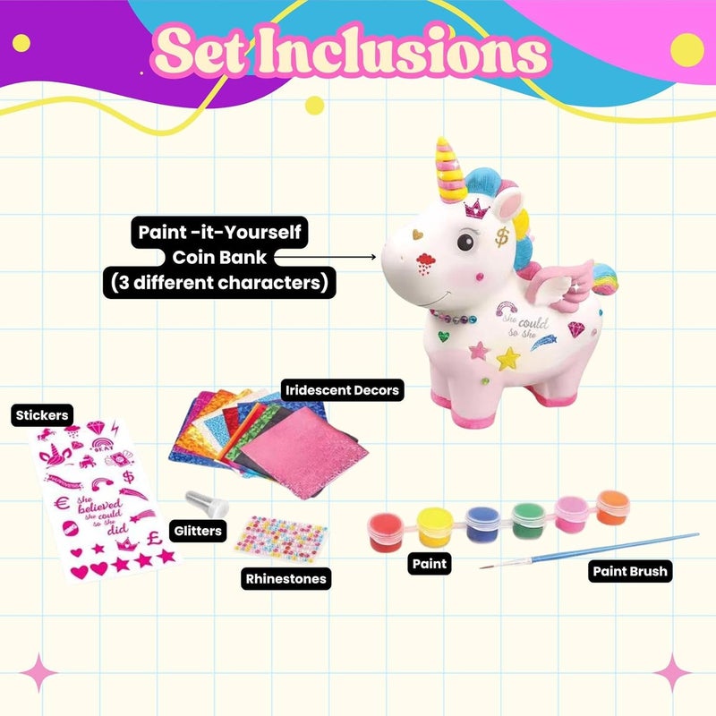 Home Smart Money Box DIY Crafting Paint Kit for Girls and Boys 12Pcs Set Includes Stickers Colors and Brushes Gift for girls and boys ages 3 4 5 6 7 8 9 10(Unicorn Money Box) - Image 2