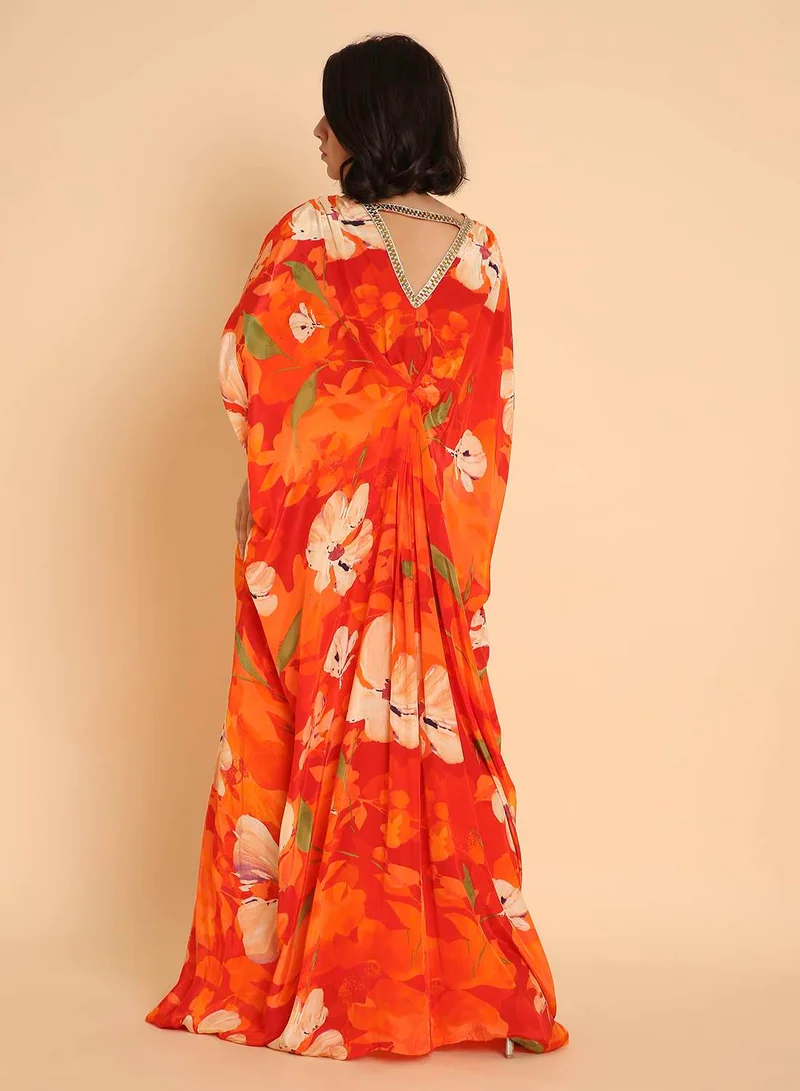 HANA & SARA Women's Orange Floral Print Arabic Jalabiya Kaftan