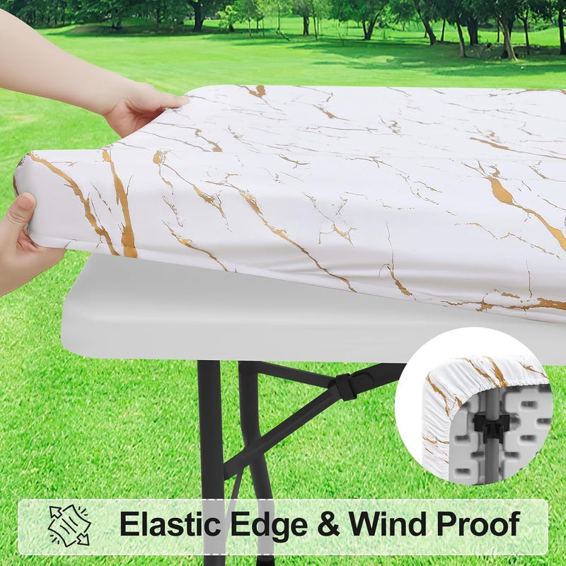 misaya Rectangle Vinyl Flannel Backed Tablecloth, Elastic Waterproof Fitted Table Cover, Plastic Table Cloth Fit 5 Foot Folding Tables for Picnic, Camping, Outdoor (White Gold Marble, 30x60 inch) - Image 2