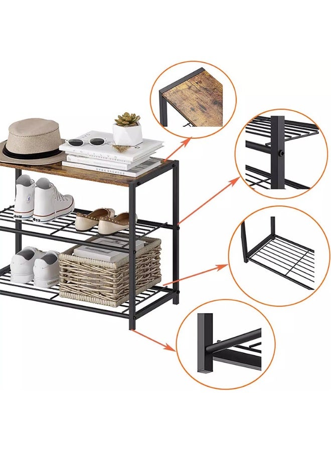 3-Tier Shoe Rack, Industrial Shoe Storage Organizer with Wooden Top & Metal Wire Shelves, Entryway Shoe Stand for Hallway Bedroom Closet - Image 2