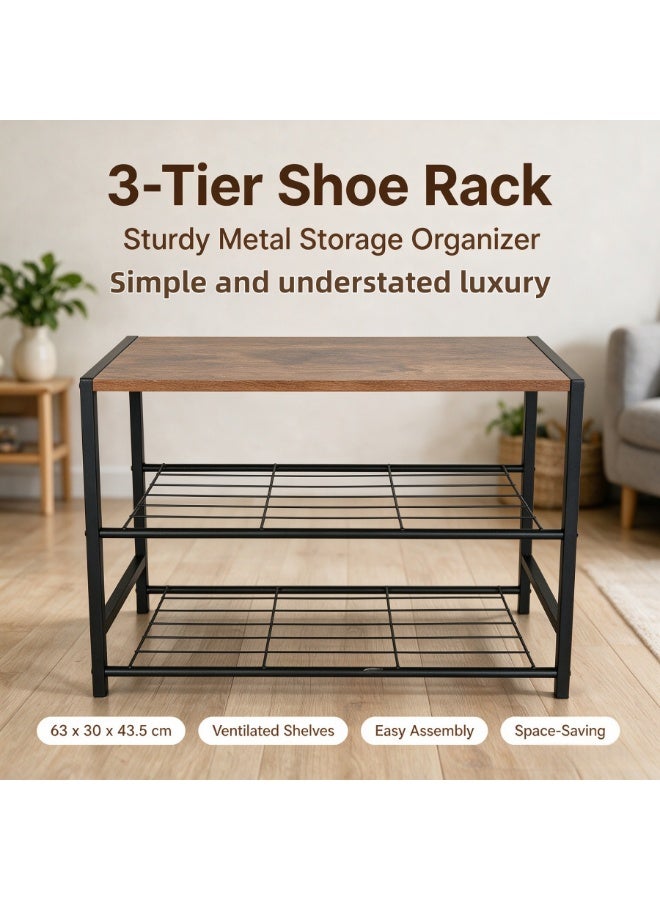 3-Tier Shoe Rack, Industrial Shoe Storage Organizer with Wooden Top & Metal Wire Shelves, Entryway Shoe Stand for Hallway Bedroom Closet - Image 3
