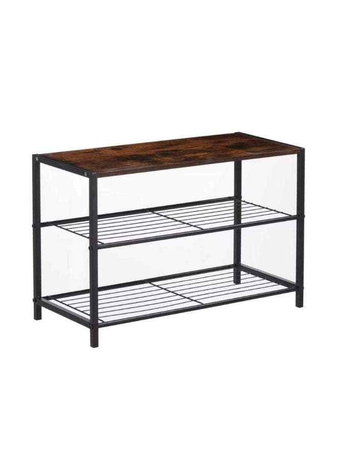 3-Tier Shoe Rack, Industrial Shoe Storage Organizer with Wooden Top & Metal Wire Shelves, Entryway Shoe Stand for Hallway Bedroom Closet - Image 1
