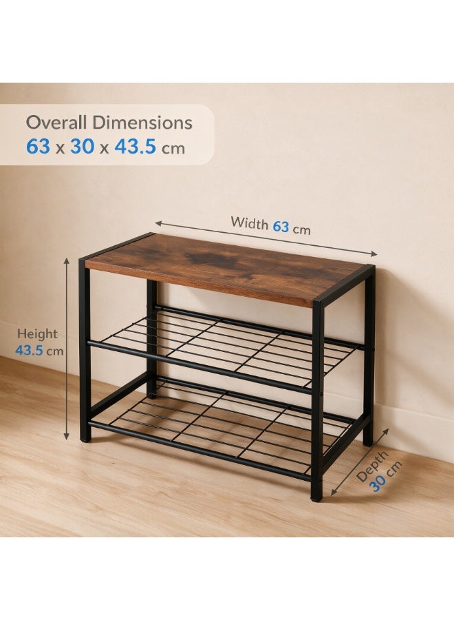 3-Tier Shoe Rack, Industrial Shoe Storage Organizer with Wooden Top & Metal Wire Shelves, Entryway Shoe Stand for Hallway Bedroom Closet - Image 4
