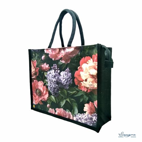 Sangra Multicolor Black Jute Bag For Men and Women Lunch Bag with Zip and handle (Peony flower) - Image 2