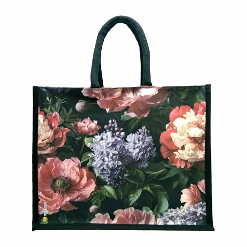 Sangra Multicolor Black Jute Bag For Men and Women Lunch Bag with Zip and handle (Peony flower) - Image 1
