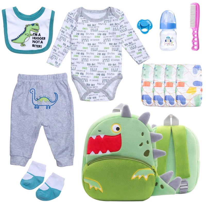 TatuDoll 12 Pcs Reborn Baby Doll Clothes Set for 1722 Inch Babydolls Dinosaur Reborn Baby Doll Accessories and Clothes with PlushFinish Backpack Dinosaur Trousers and Bib for Realistic Babydolls Green - Image 3