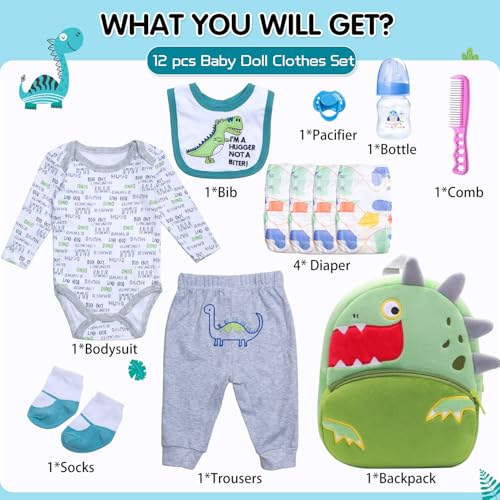 TatuDoll 12 Pcs Reborn Baby Doll Clothes Set for 1722 Inch Babydolls Dinosaur Reborn Baby Doll Accessories and Clothes with PlushFinish Backpack Dinosaur Trousers and Bib for Realistic Babydolls Green - Image 5
