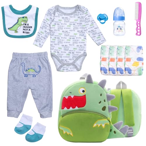 TatuDoll 12 Pcs Reborn Baby Doll Clothes Set for 1722 Inch Babydolls Dinosaur Reborn Baby Doll Accessories and Clothes with PlushFinish Backpack Dinosaur Trousers and Bib for Realistic Babydolls Green - Image 1