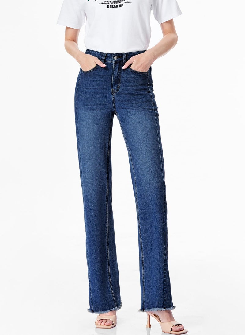 Sidefeel Women's High Waisted Mom Jeans Stretchy Raw Hem Straight Leg Denim Pants Size 16 Deep Blue - Image 4
