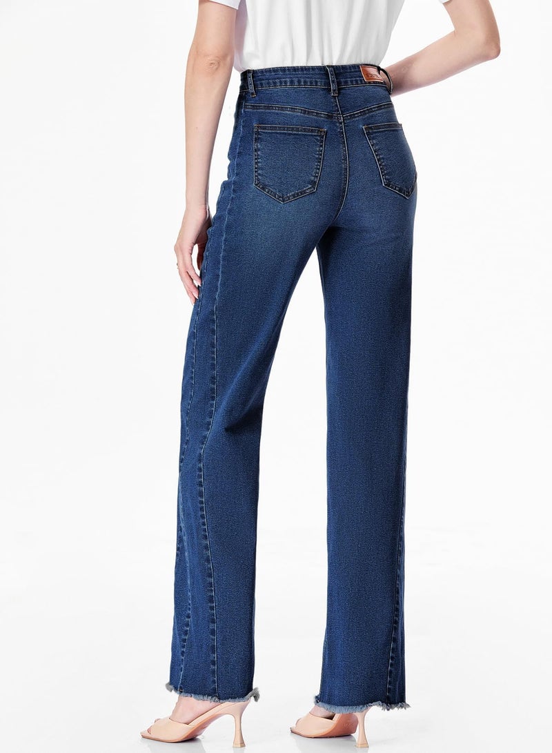 Sidefeel Women's High Waisted Mom Jeans Stretchy Raw Hem Straight Leg Denim Pants Size 16 Deep Blue - Image 5